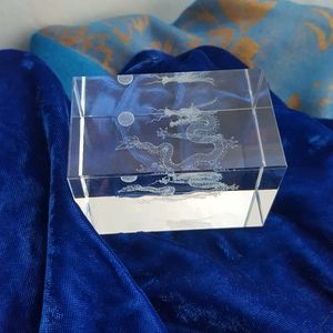 Etched Crystal Dragon Cube Paperweight Hologram
